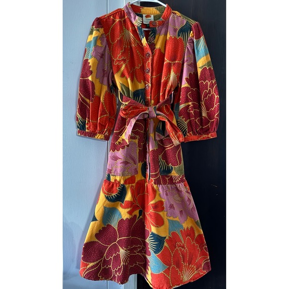 FARM Rio Floral Button Up Midi Dress Tiered Skirt Belted Puff Sleeve Size L